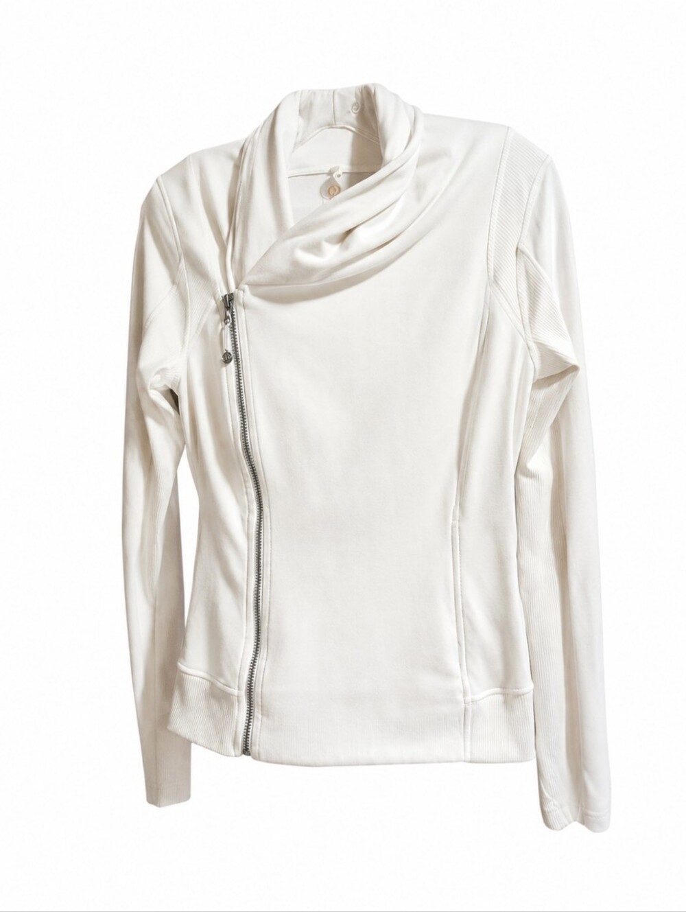 Lululemon White Asymmetrical Zip Jacket Women's Size 8 Cowl Neck Thumbholes Yoga